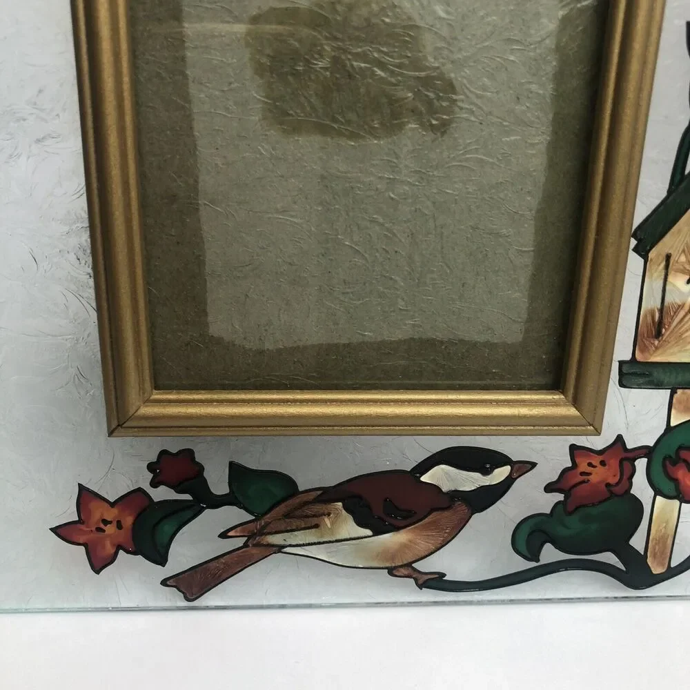 Hand painted Joan Baker Designs glass bird birdhouse picture frame‎
